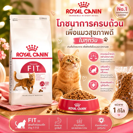Royal Canin Fit 32 อาหารเม็ดสำหรับแมวโตทั่วไป รูปร่างสมส่วน 1KG.