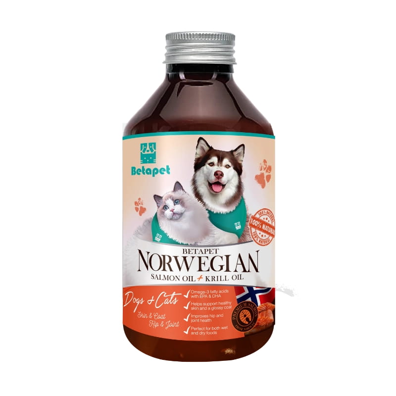 BETAPET 100% Pure Salmon Oil Plus Krill Oil Supplement for Dogs and Cats (เบต้าเพ็ท น้ำมันปลาแซลมอนแท้ 100% ผสมคริลล์ออยล์ บำรุงขนและผิวหนังสำหรับสุนัขและแมว)